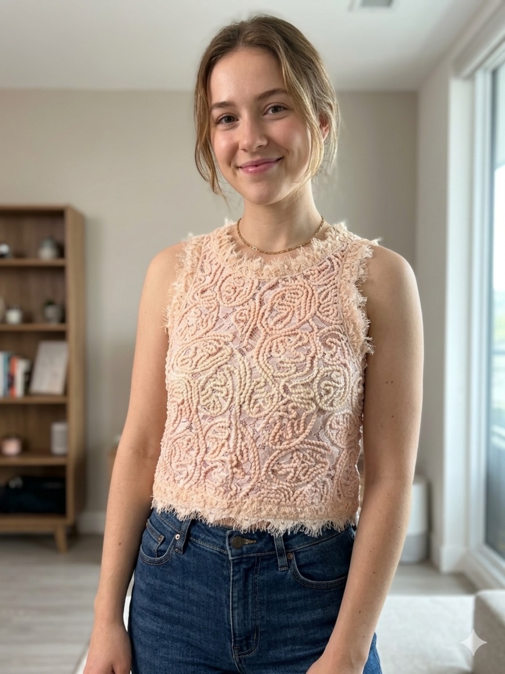Boho Pink Crochet Lace Crop Top Sleeveless High Neck Fringe Hem Festival Summer